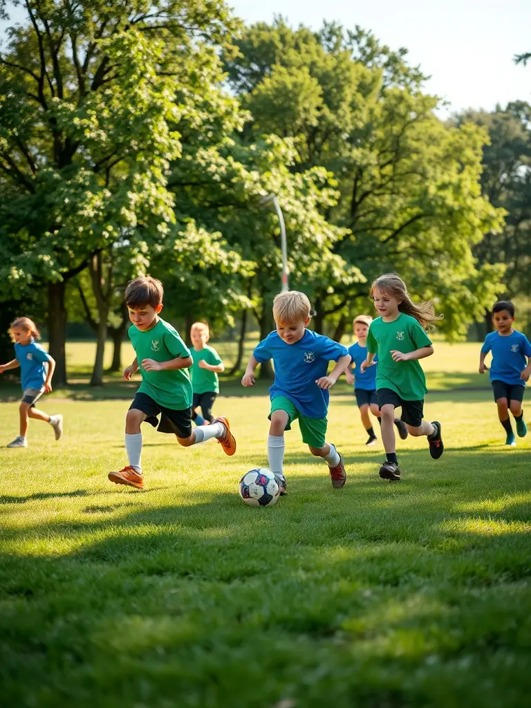A group of children playing soccer in a park, wearing VOLC'UP branded jerseys, showcasing teamwork and physical activity.