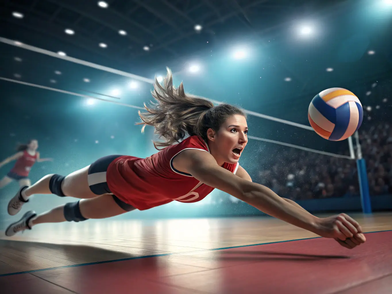 A dynamic image of participants engaged in a volleyball match, highlighting the energy and excitement of VOLC'UP's recreational activities.