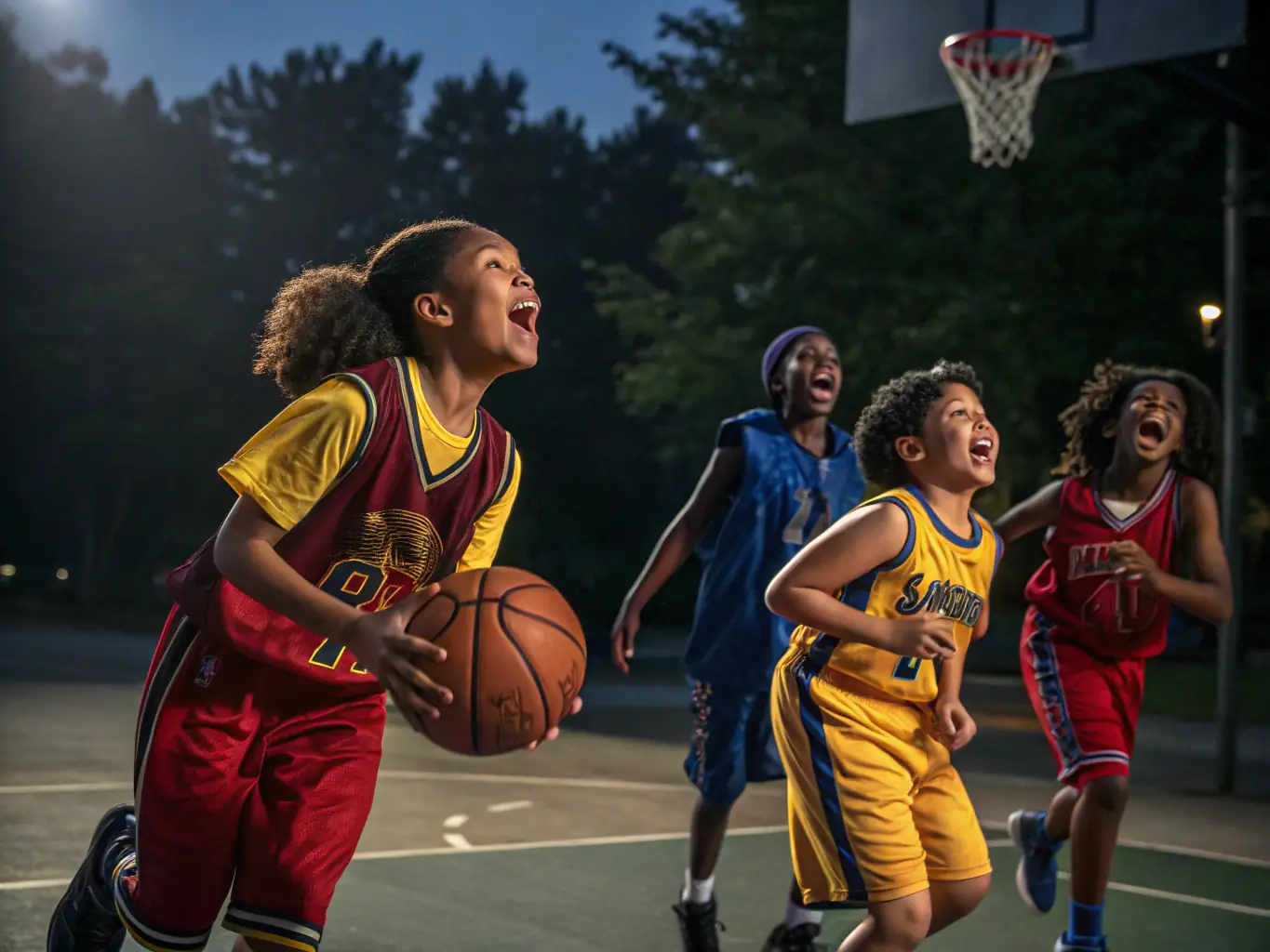 A vibrant image of a group of people playing basketball outdoors, showcasing teamwork and active participation in a VOLC'UP program.