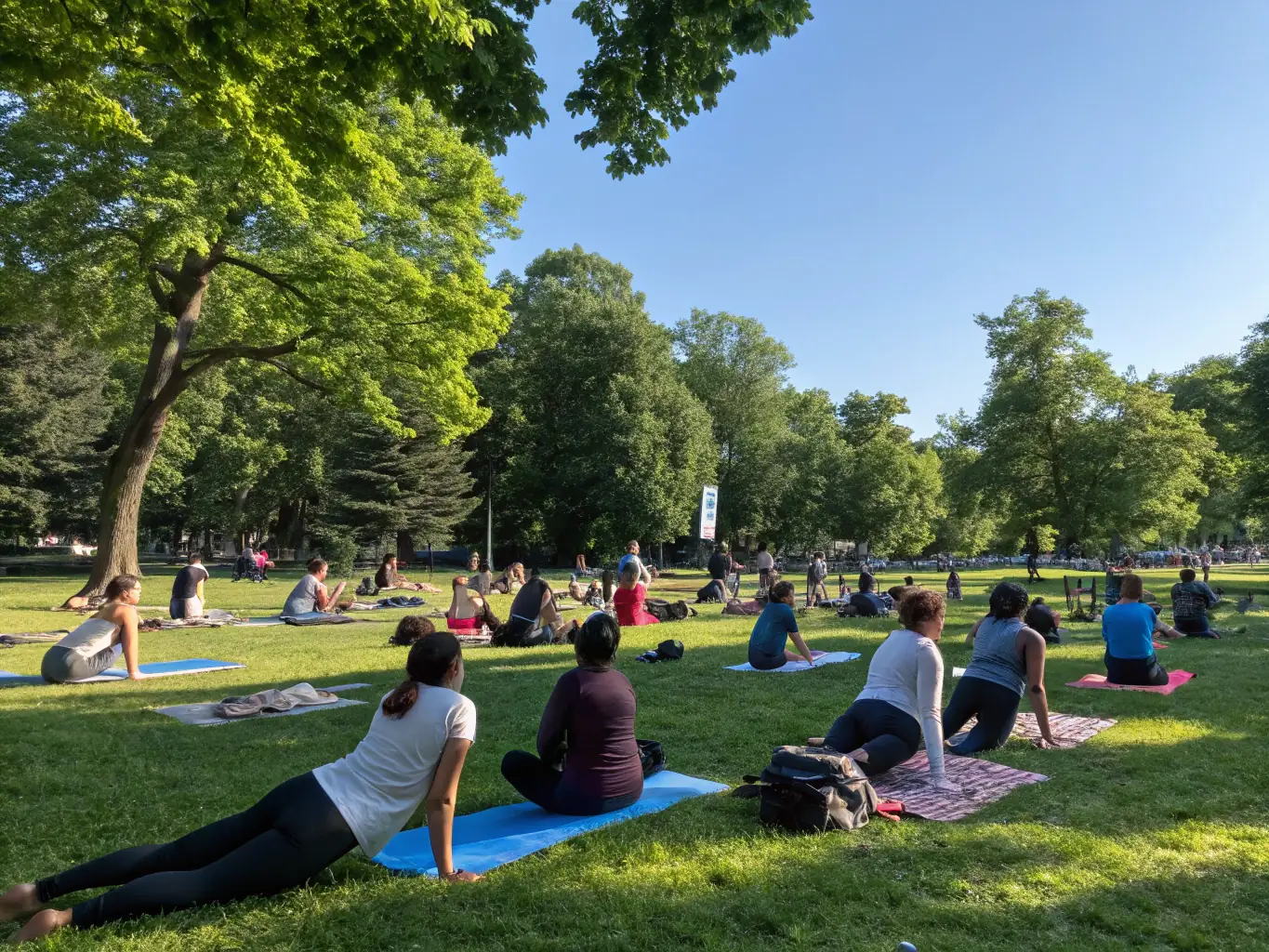 A group of adults participating in a yoga session in a park, highlighting the wellness aspect of VOLC'UP's recreational activities.