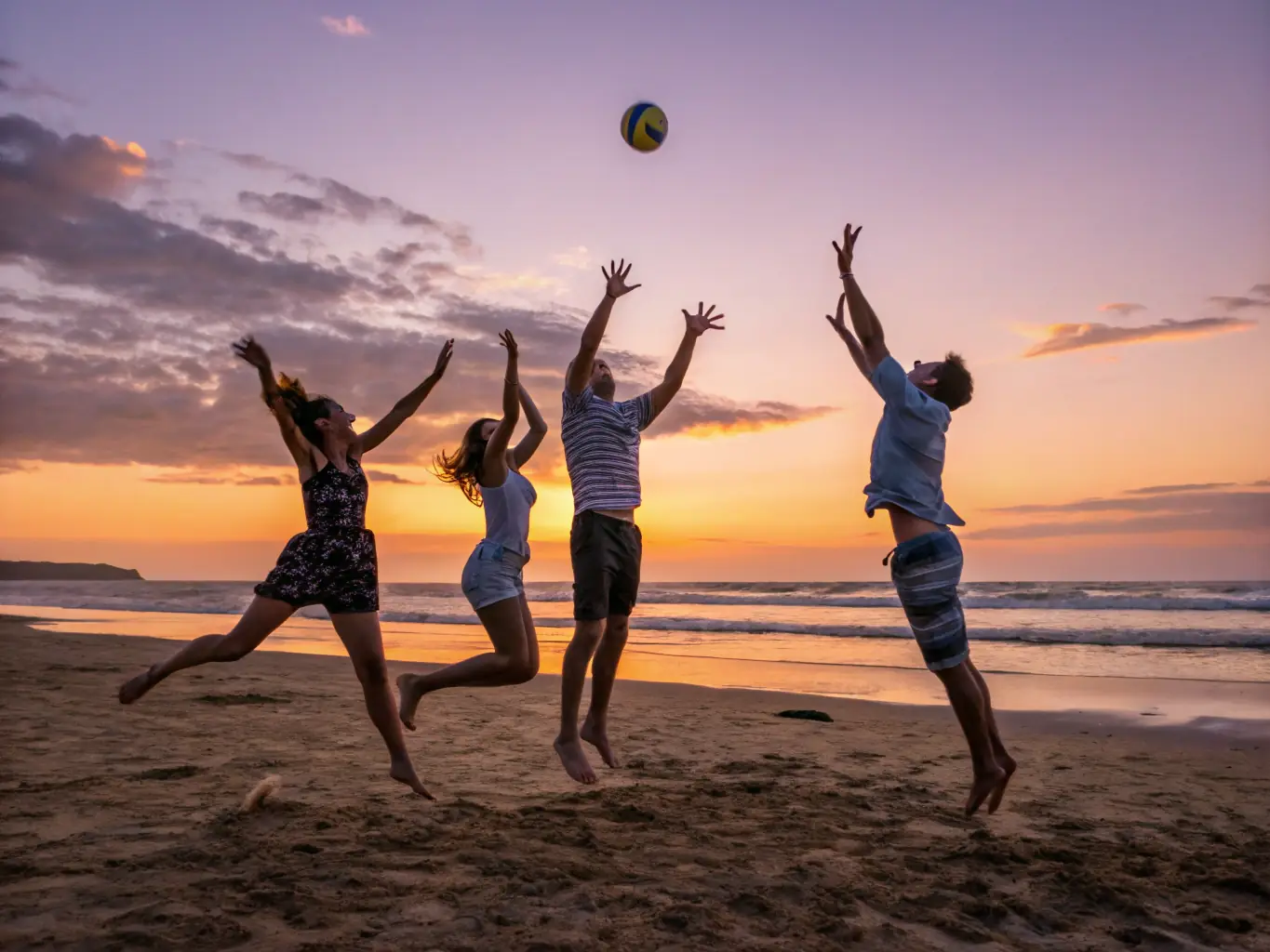 A diverse group of people playing volleyball on a beach, showcasing the social and inclusive environment of VOLC'UP's recreational sports programs.