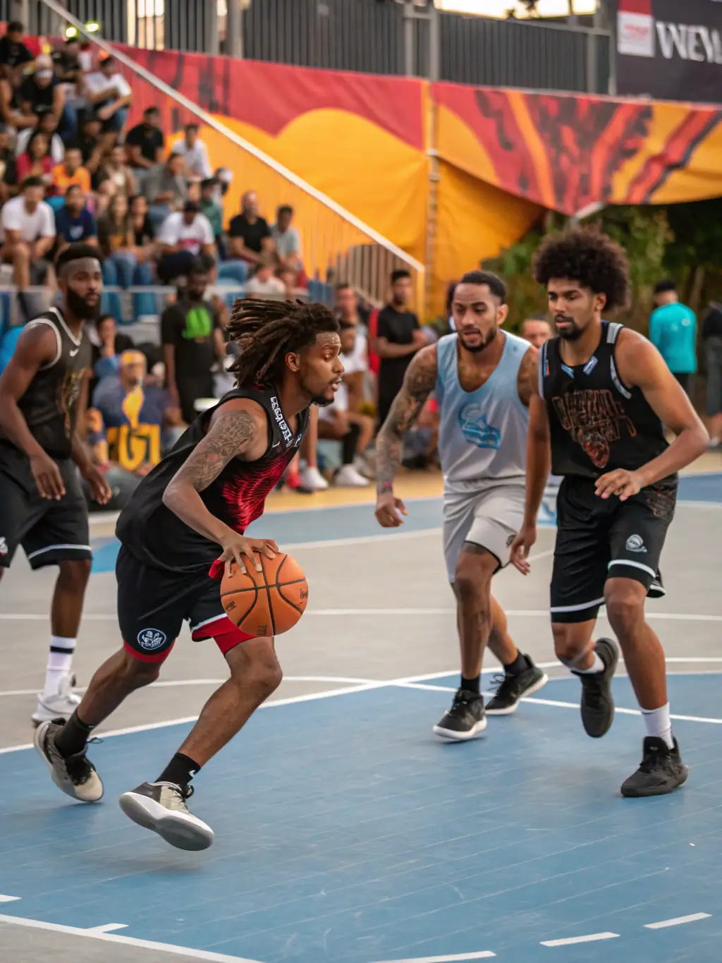 A diverse group of adults participating in a basketball game at an indoor court, highlighting inclusivity and community engagement.